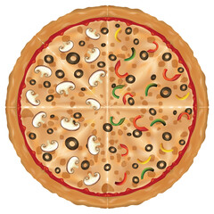 Vector illustration of a fully topped pizza.