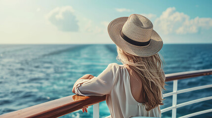 Young woman relaxing on an outdoor deck of a cruise ship looking at view of the sea on a luxury...