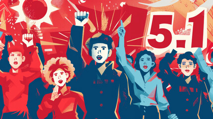 International Workers' Day or Labour Day illustration background with drawing of workers and written 5.1 for 5 May first 1