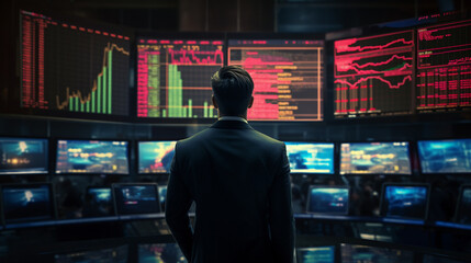 Market trader standing alone in a trading floor, overwhelmed by the sight of a continuous red decline on the financial board display