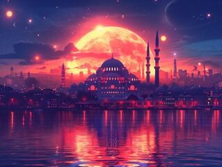 Turkey - neon cityscape design illustration 