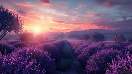 Sunrise serenade amidst lavender: Nature's symphony unfolds as the sun rises over the lavender...
