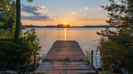 Sunset vista: A rustic wooden dock frames the serene beauty of the lake as the sun dips below the horizon, casting a warm glow. 