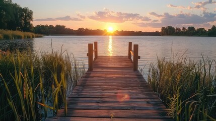 Sunset vista: A rustic wooden dock frames the serene beauty of the lake as the sun dips below the horizon, casting a warm glow.  - Powered by Adobe