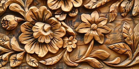an eye-catching stock photo showcasing a floral line art pattern intricately carved into a piece of natural wood, exemplifying the fusion of traditional craftsmanship with contemporary aesthetics.