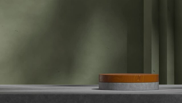 3d video rendering empty space of wood and concrete podium looping seamless shadow animation with green wall and plaster floor
