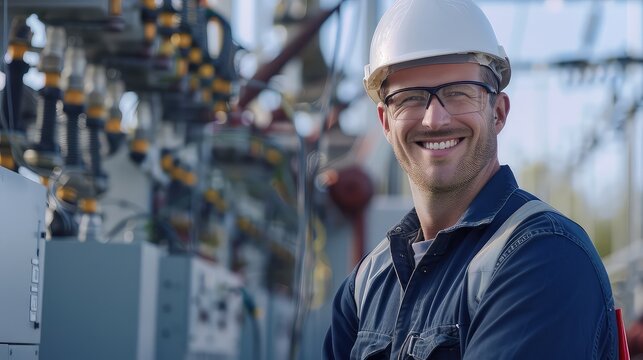 System reliability: A male electrician smiles with confidence as he performs routine checks and inspections at the electrical substation. 