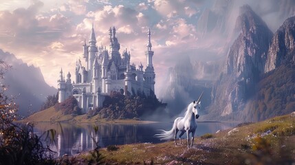 Whispers of magic: Unicorn roams the mystical lands surrounding a majestic castle, a sight from a...