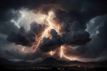 A landscape of storm clouds and lightning strikes