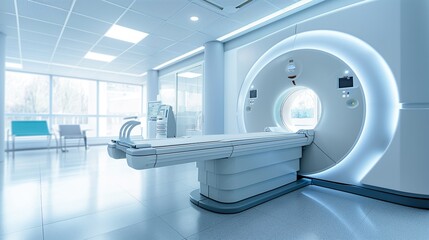Advanced CT or MRI medical diagnostic equipment in a hospital lab, displayed as a wide banner with copy space