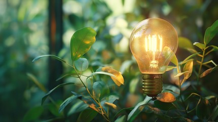 a bright lightbulb with indoor plants and verdant foliage. for the ideas of clean, renewable energy and electricity conservation