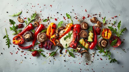 Gourmet top shot of diverse grilled vegetables, from vibrant peppers to earthy mushrooms, served alongside a bespoke aioli, on an immaculate background, with studio lighting to enhance the textures