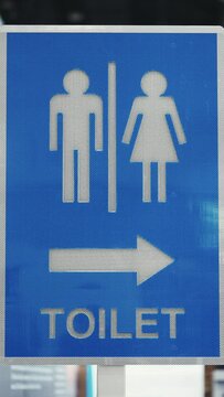 Vertical Video. Illuminated Road Sign Indicating the Location of the Restroom. WC Sign for the Road. Sign and Road Concept