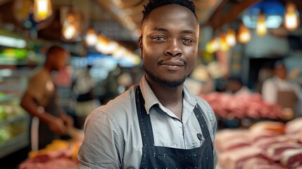 Fototapeta premium A young black butcher standing proudly in front of his modern butchery in an upmarket mall. Generative AI.