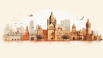 Obraz premium Watercolor splash with hand drawn sketch of Gateway of India Mumbai, India in illustration