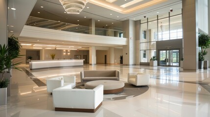 Serene Modern Lobby with Neutral Tones and Sunlight