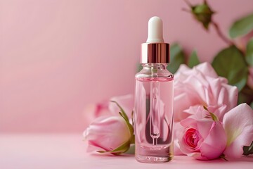 Mockup of facial serum in glass bottle with rose extract pastel background. Concept Product Photography, Skincare, Beauty, Mockup Design
