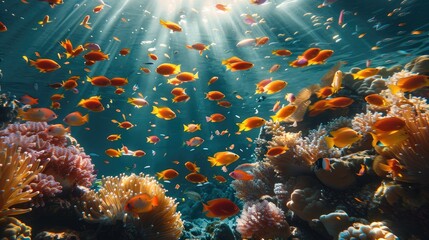 A diverse coral reef teeming with colorful fish and vibrant coral formations. Beams of sunlight pierce through the clear water. Generative AI.