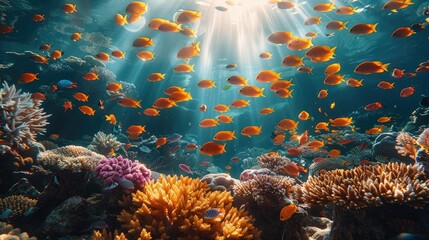 Fototapeta na wymiar A diverse coral reef teeming with colorful fish and vibrant coral formations. Beams of sunlight pierce through the clear water. Generative AI.