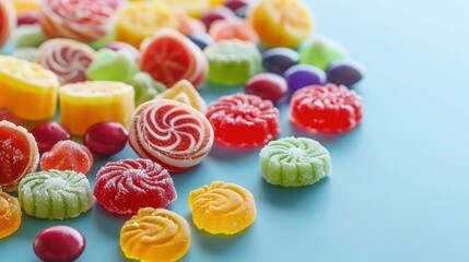 Fototapeta premium A tempting assortment of colorful candies is artfully arranged on a vibrant background, with plenty of copy space for text or other elements. 