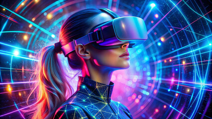 Naklejka na ściany i meble Woman enjoying VR headset gadget in cyberspace and virtual reality. Female having fun in metaverse digital hud hologram. Concept of virtual reality and augmented reality