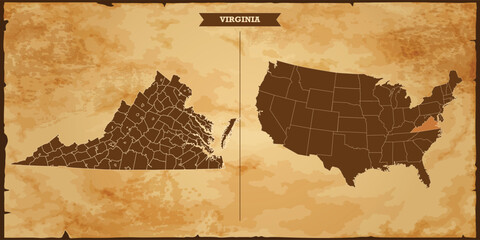 Virginia state map, United States of America map with federal states in A vintage map based background, Political USA Map - obrazy, fototapety, plakaty
