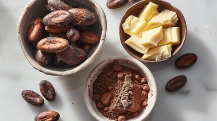 The essence of chocolate, with organic cocoa beans and organic cocoa butter neatly arrayed. top view. Generative AI.