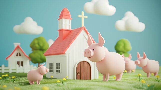 3D illustration of a mother pig and piglets on the farm.