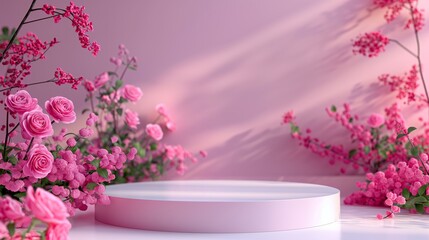 3D illustration of pink podium display. Nature pink rose flower blossom. Feminine summer and spring pedestal showcase for beauty product, cosmetic promotion. 