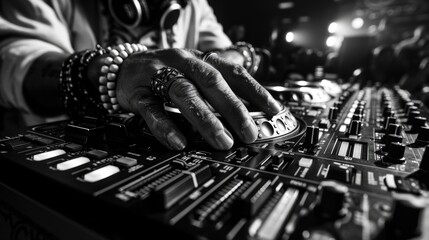 Dramatic black and white close-up of a DJ's tattooed hand adjusting mixer knobs in a nightclub