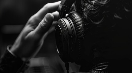 Monochrome image of a young man with headphones evoking a mood of focused musical immersion and modern lifestyle
