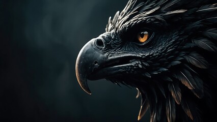 Black crow, black eagle in a mysterious forest shrouded in mist.
