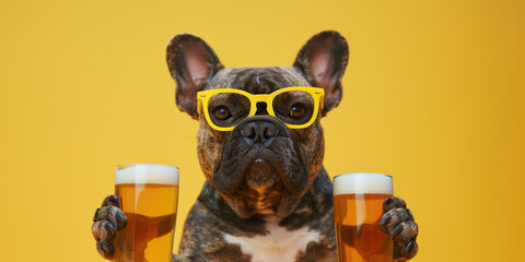 Funny pug French bulldog dog puppy in sunglasses holding light alcohol beer with foam in paw on isolated on yellow studio background. Bar oktoberfest poster concept