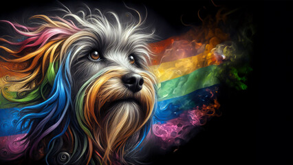 Cartoon Charcoal sketch a long scruffy hair gay pride dog, LGBTQ+ colors flag, Love, freedom, support and rights, pride day
