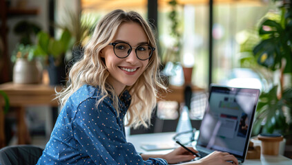 Fototapeta premium Happy businesswoman working on laptop in office . young woman with blonde hair wearing blue shirt and glasses sitting at desk using computer while smiling to camera 