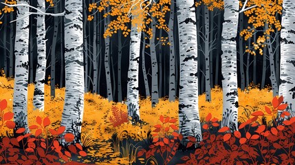 birch forest with yellow leaves in autumn illustration poster background 