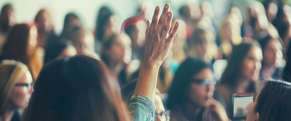 The hand of one person was raised in the audience while listening to an interview at a business conference or presentation. During the training class, people were sitting and raising their hands to as