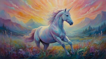Beautiful horse unicorn galloping in the field at sunset. Watercolor. Multicolored