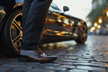 Close-up at a smart businessman feet in formal uniform which is standing in front of a supercar, successful businessman concept.