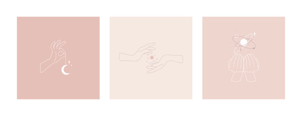 Set of female magical hands. Mystical logo template of sun crystals, stars and moon. Linear style, minimal design. Planets, sun and stars. Esoteric and mystical design elements. Set Posters in pastel