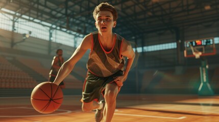 Portrait of attractive sport student playing basketball at sport arena. Professional young...