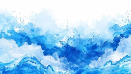 Abstract blue watercolor background with waves and clouds