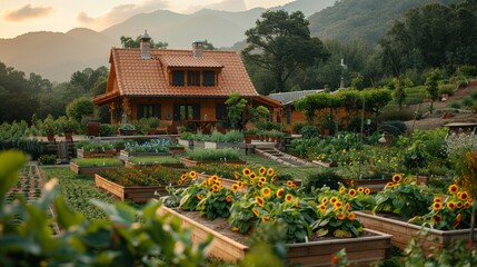 A permaculture garden demonstrating ecological principles, Plants arranged in guilds for mutual benefit - obrazy, fototapety, plakaty