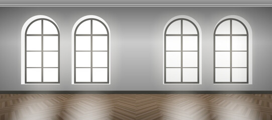 empty room interior with four arch windows wooden parquet floor mock up vector illustration