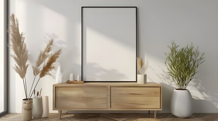 Mockup frame in living room interior with chair and decor,Scandinavian style.3d rendering, Mock up poster frame on cabinet in interior.3d rendering, Mock up poster frame in modern Ai generated  - obrazy, fototapety, plakaty