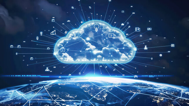 A glowing cloud symbolizing the global network of cloud computing on top, connected to various information technology icons representing an online platform with blue background. Generative Ai Image.