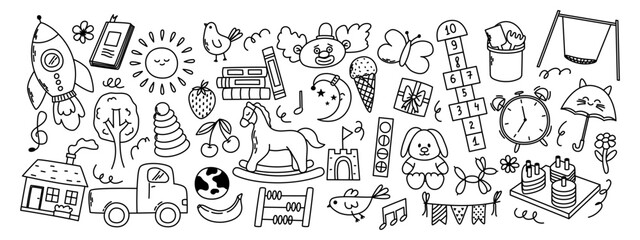 Daycare doodle elements. Rocket, hopscotch, toys, horse, montessori, house, sun and other elements.
