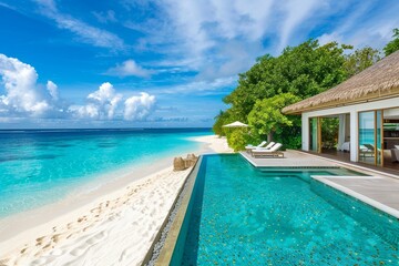 Obraz premium Sandy beach flanked by luxury pool villas, each with private decks facing the tropical azure sea AI Generate