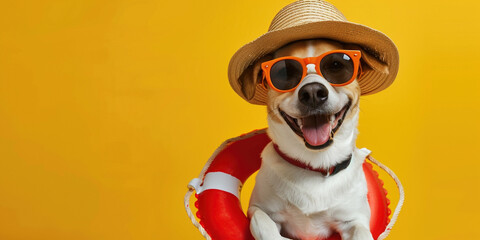 Excited jack russel dog in dark sunglasses and inflatable circle smile do not look into screen on studio yellow background. Summer holidays poster banner concept with copy paste place for text