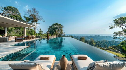 A comfortable seating in an eco luxurious villa, overseeing a large infinity swimming pool that overlooks a beautiful scenery. Generative AI.